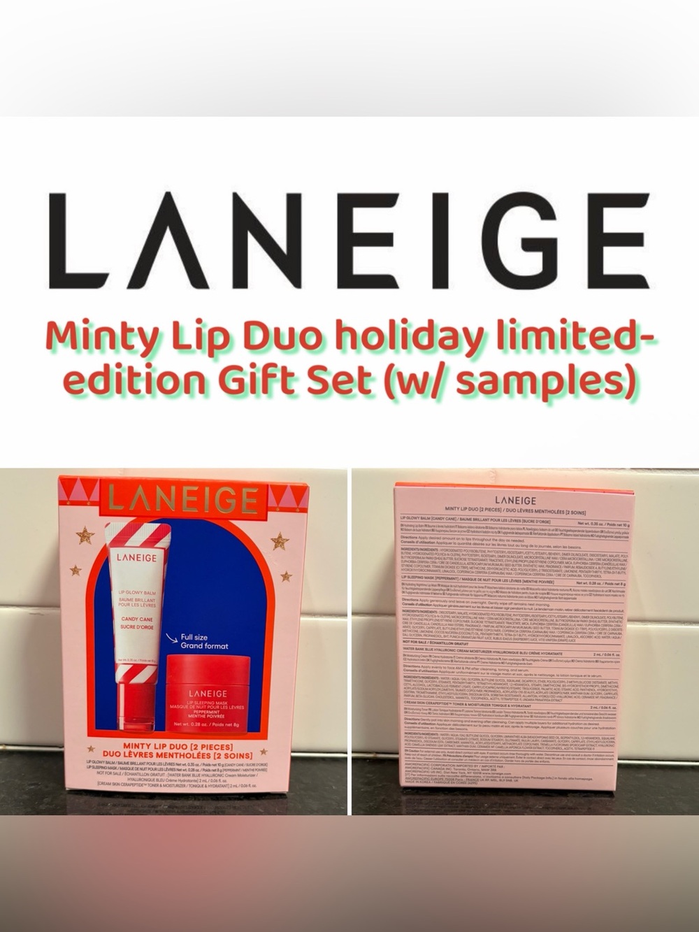 Laneige Minty Lip Duo holiday limited-edition Gift Set (w/ samples) - New